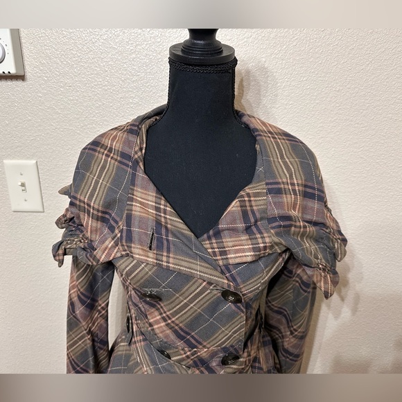 Anthropologie (Black Rivet) Plaid Trench Coat in Green, Brown, and Tan Size 0 - Picture 3 of 9